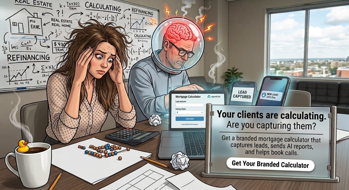 A stressed real estate scene: clients calculating mortgage numbers by hand while an overwhelmed agent's brain overheats, next to a laptop showing a branded mortgage calculator capturing new leads